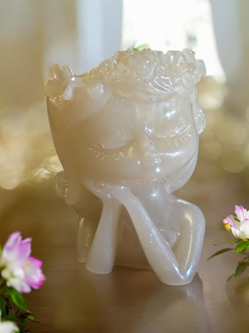 Pearlescent Cream Resin Floral Head Vase - Decorative Home Accent